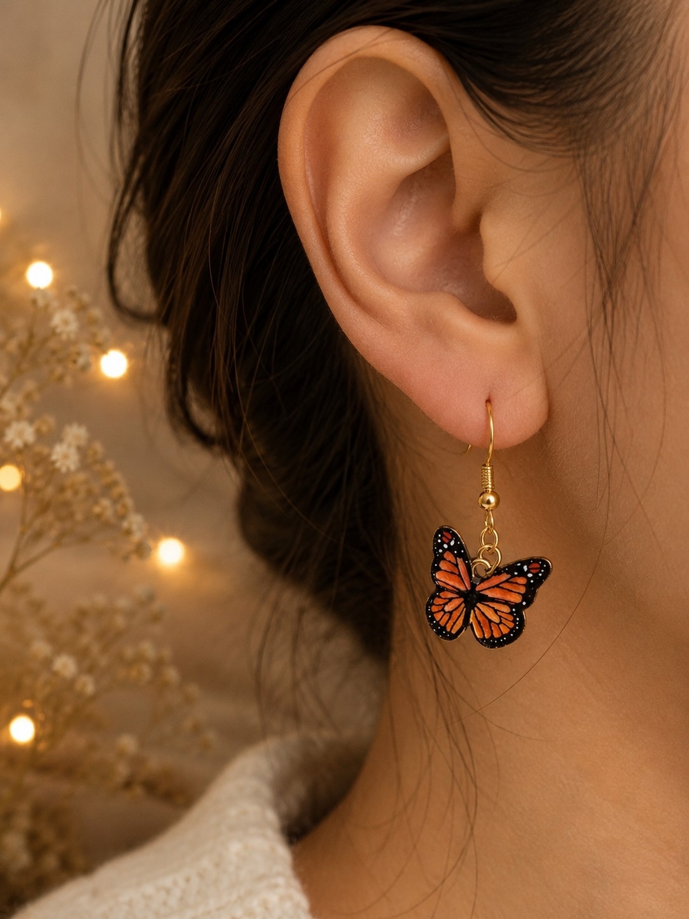 Monarch Butterfly Gold-Tone Dangle Earrings New